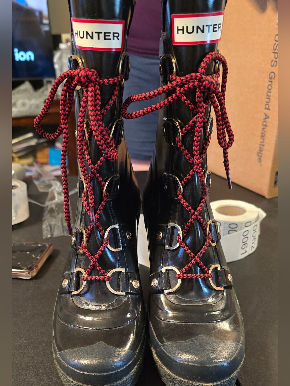 Hunter Black Lace-Up Platform Boots with Red-Black Laces